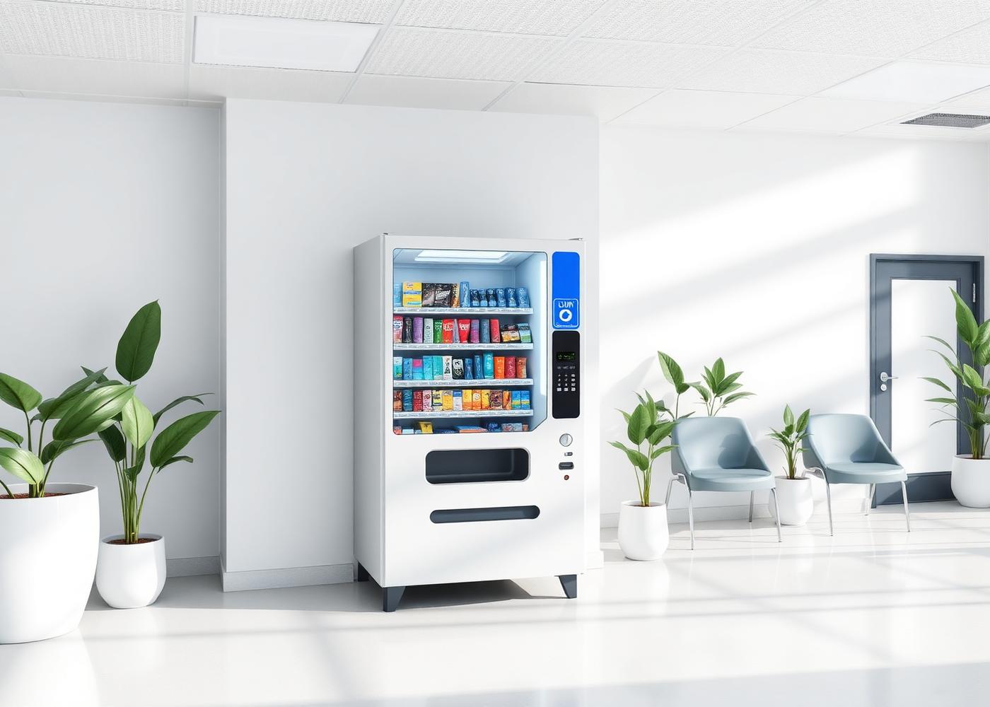 Vending machine in a bright waiting room with seating for visitors