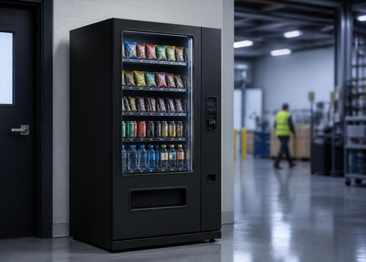 Vending machine in a warehouse break area serving snacks and cold drinks to staff